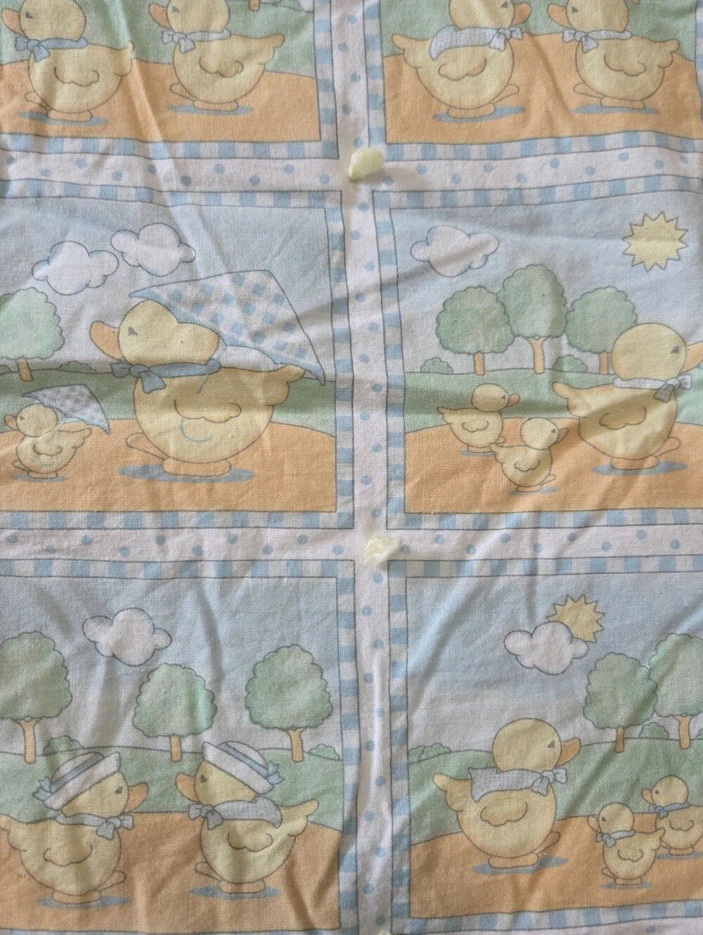 Vintage Baby Duck Print Cotton Toddler Or Baby Quilt - Blue & Yellow